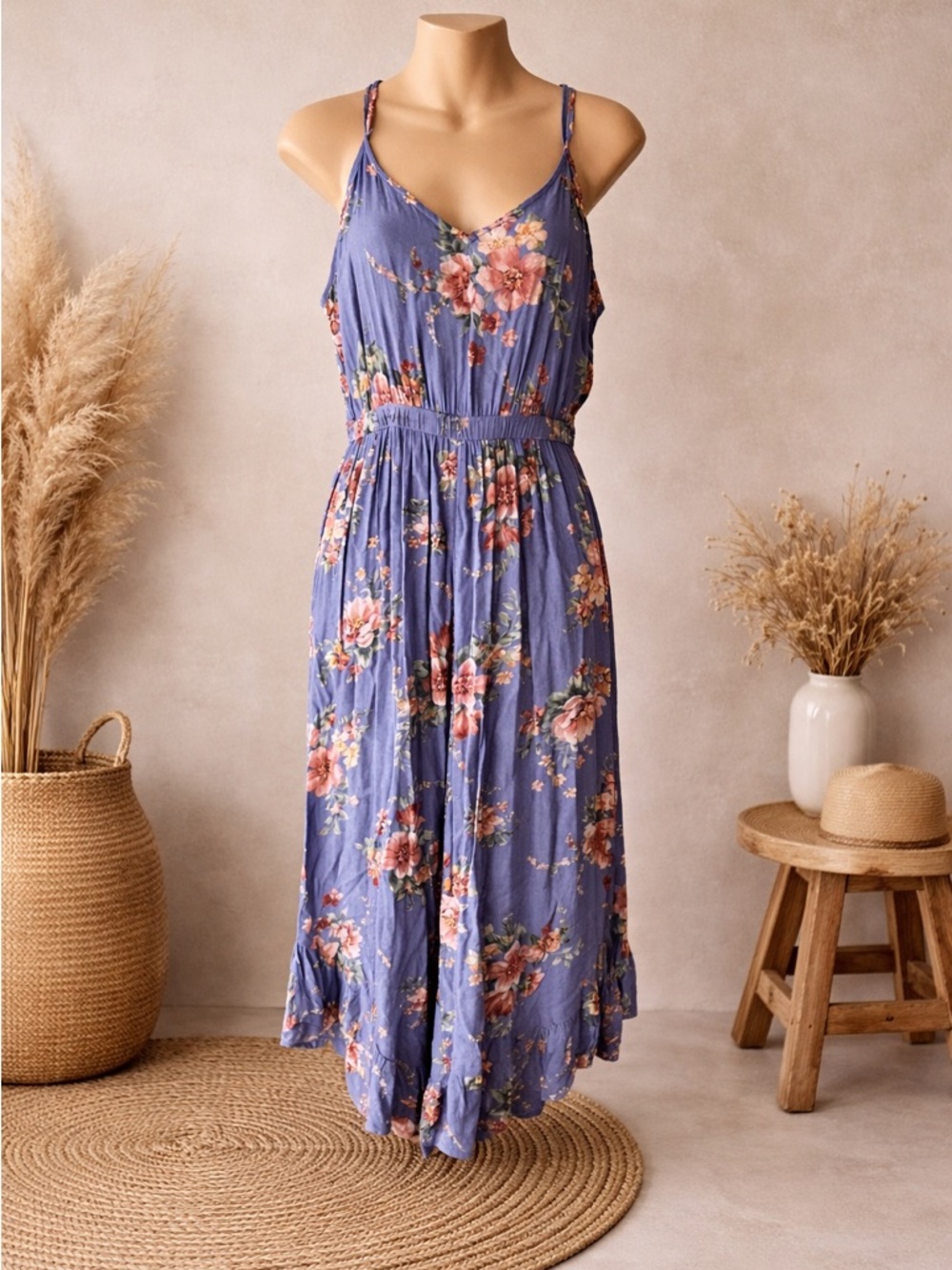 American Eagle Outfitters Blue Floral Crisscross Straps Ruffled Jumpsuit